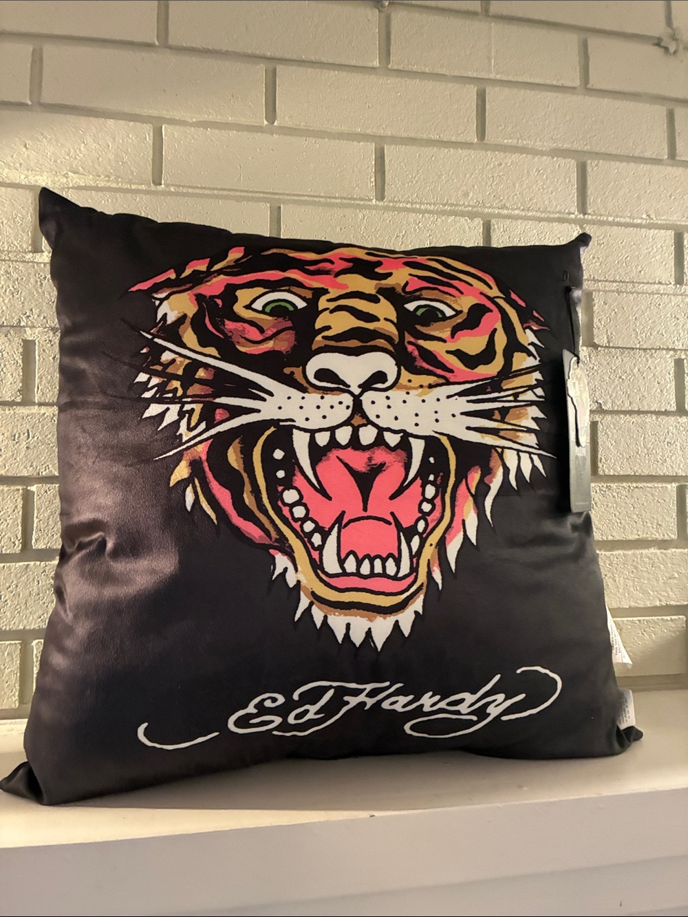 Ed Hardy Black Pillow with Colorful Roaring Tiger
